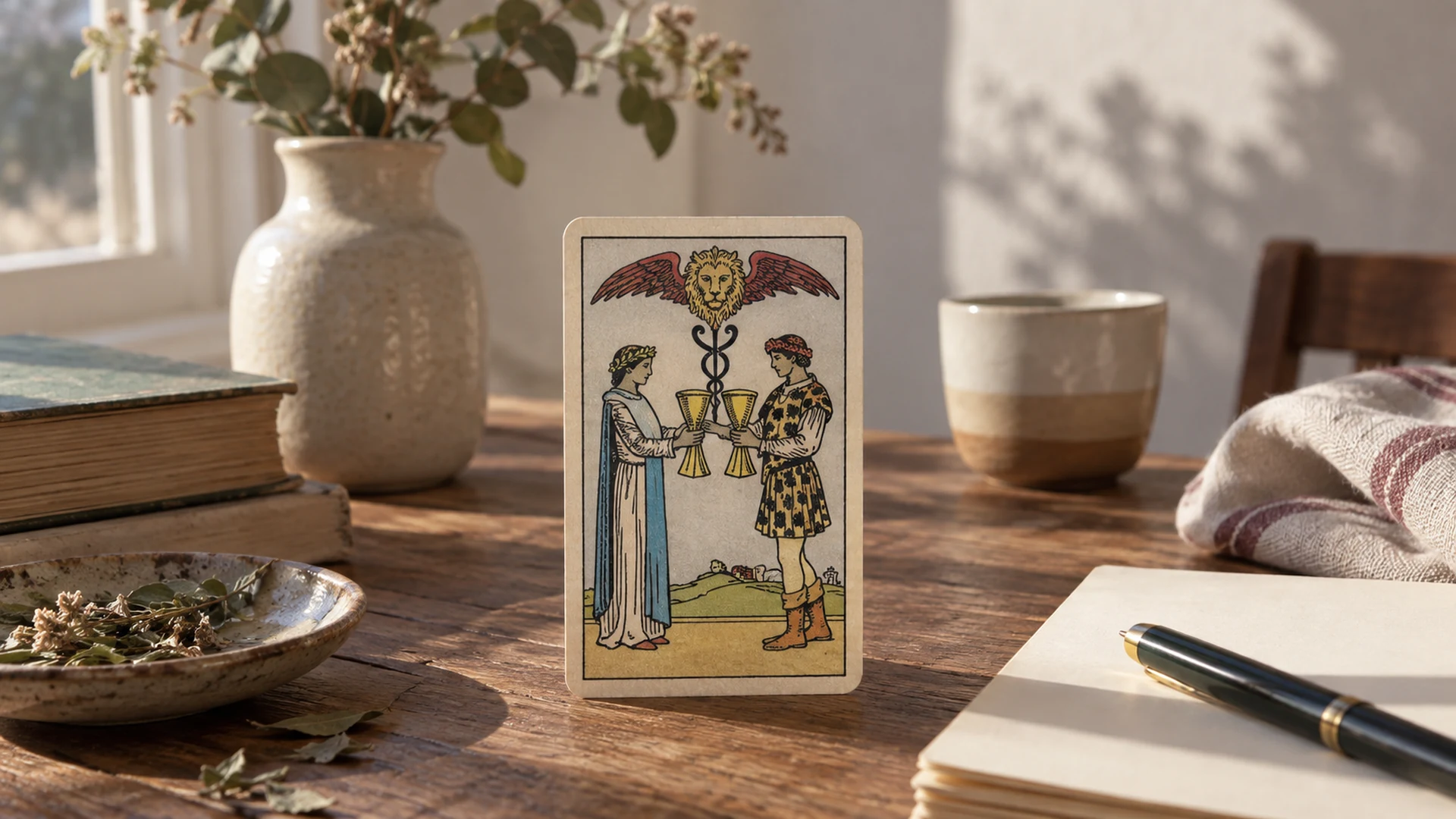 Escena editorial de tarot para amor y vínculos