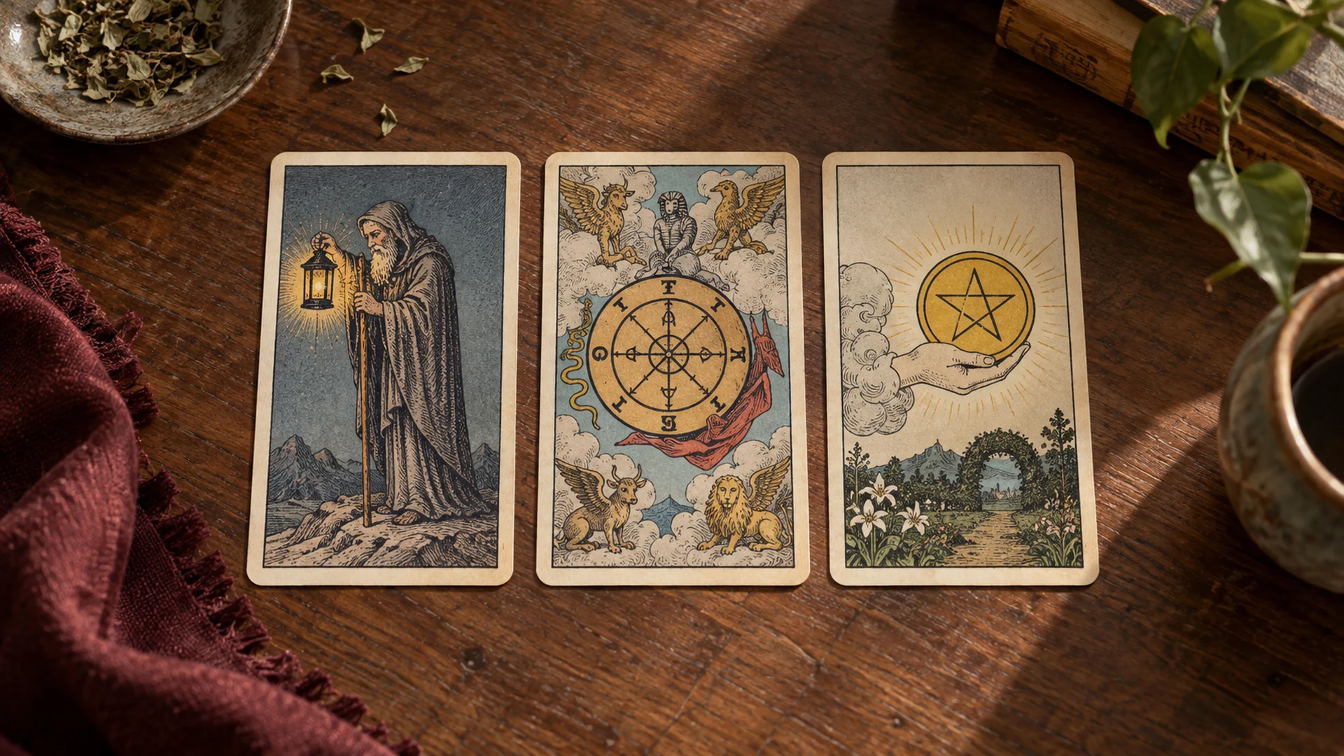 Escena editorial de tarot para guía esencial
