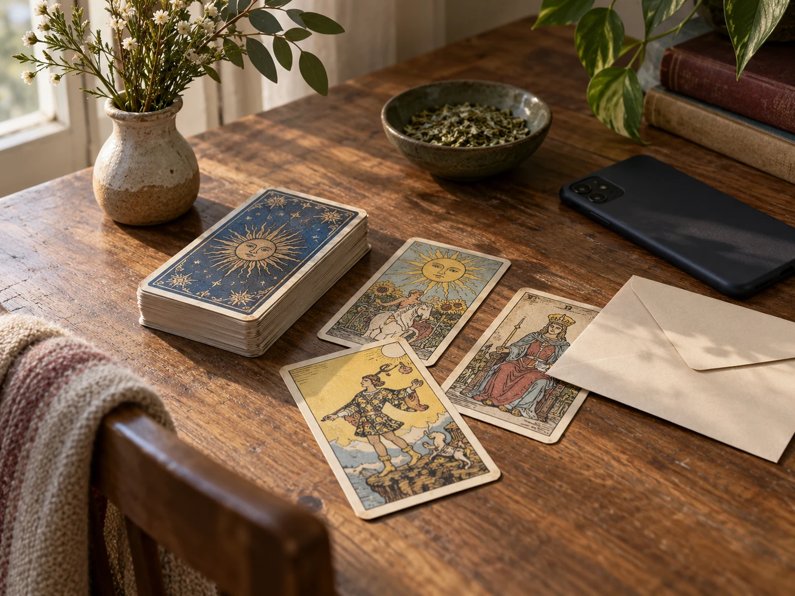 Escena de lectura de tarot para la guía online de Cusco