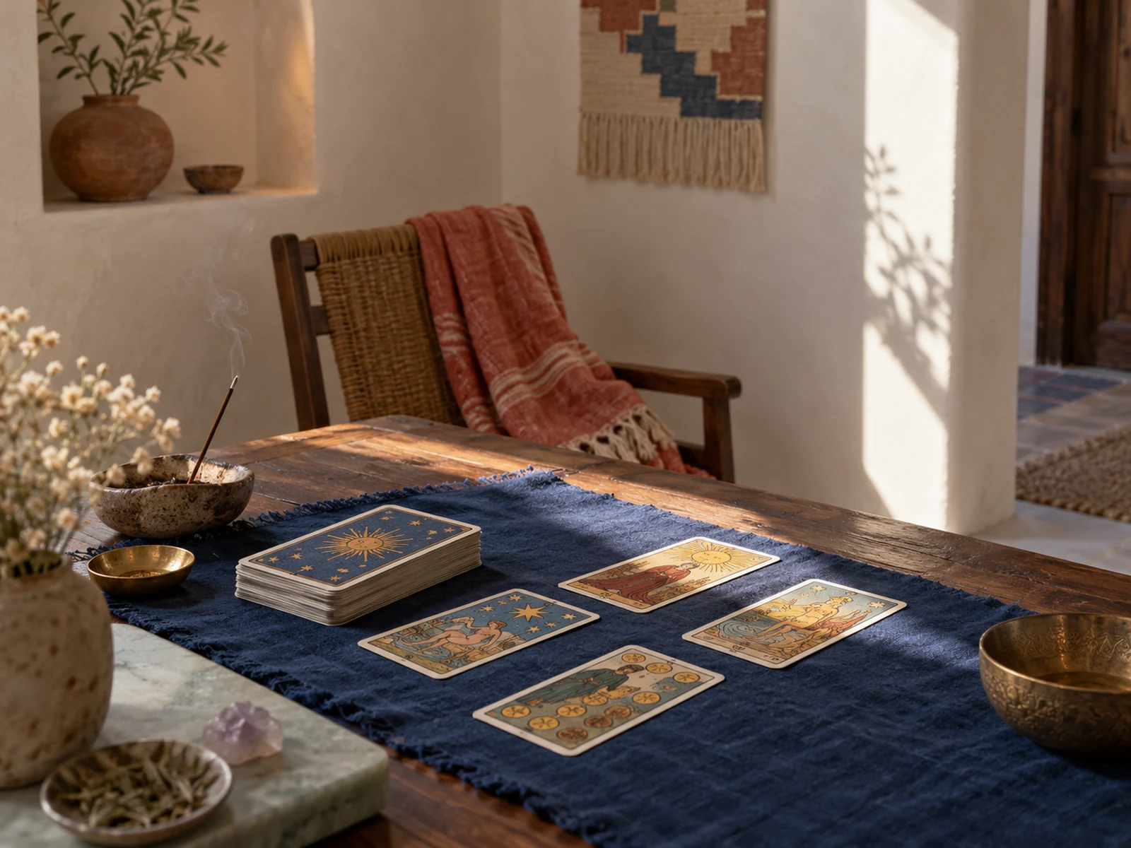 Escena de lectura de tarot para la guía online de Piura
