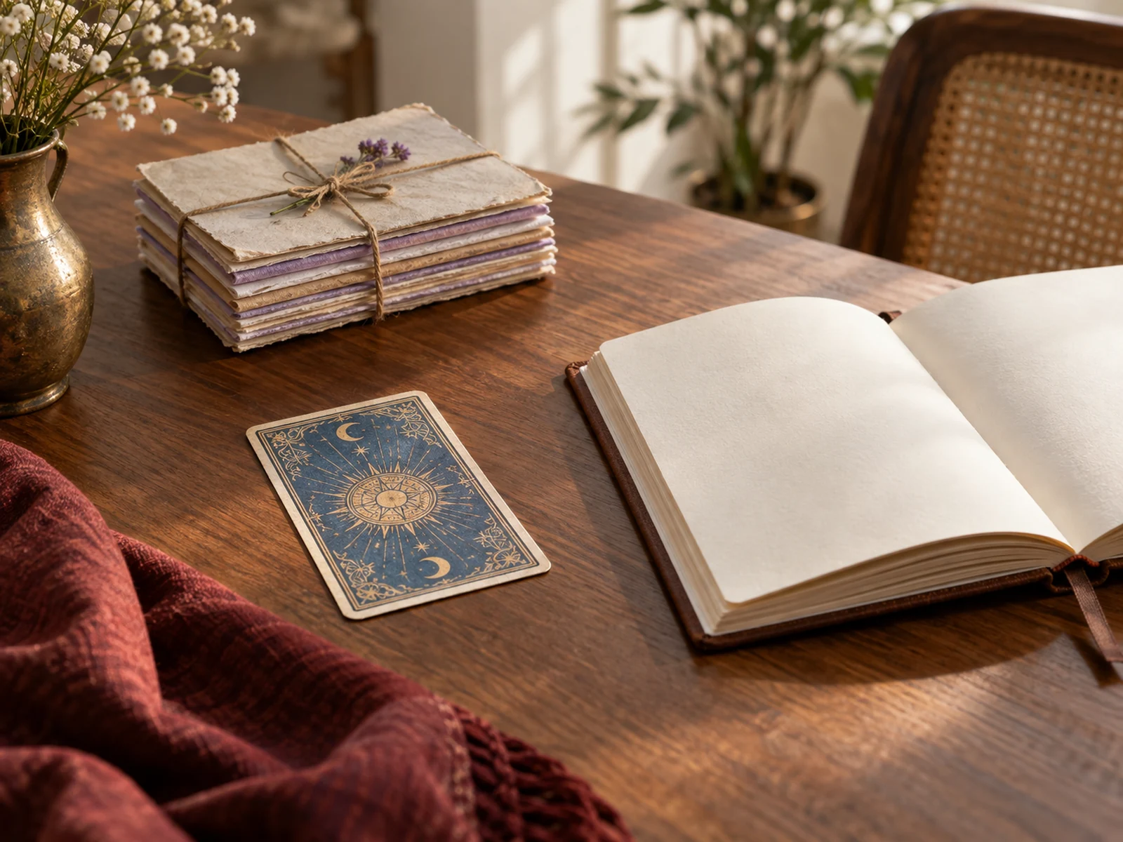 Mesa de lectura con cuaderno, cartas y una taza de cerámica