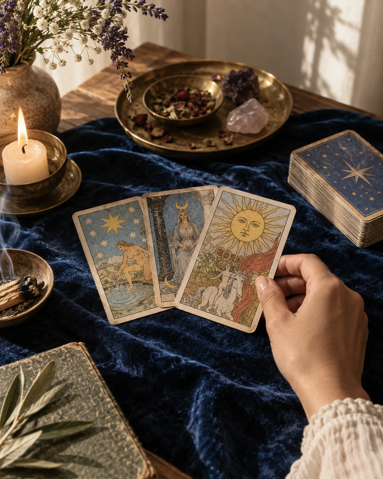 Baraja de tarot sobre lino y cerámica bajo una luz cálida lateral