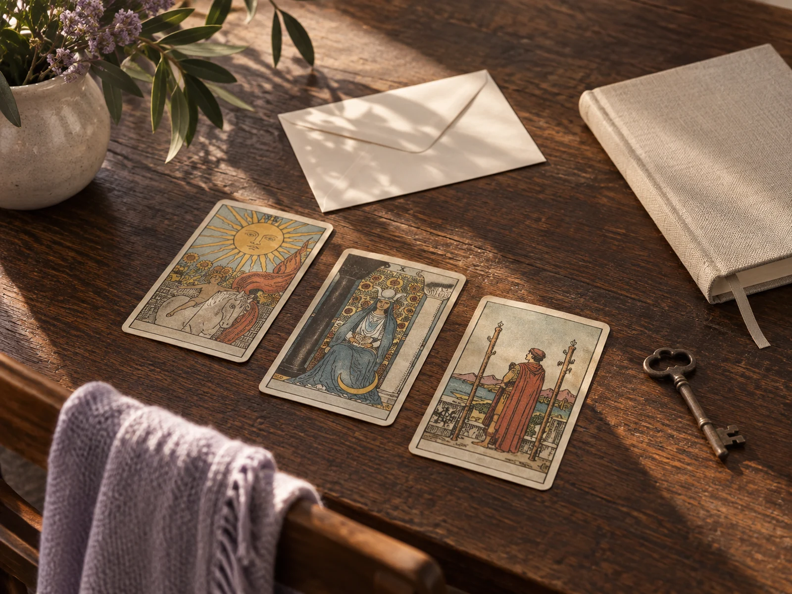 Composición de cartas y materiales cálidos para explorar decisiones