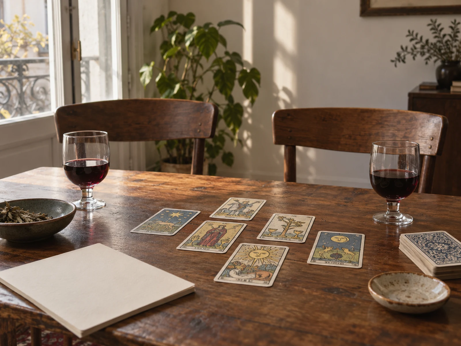 Composición de cartas y materiales cálidos para explorar pareja