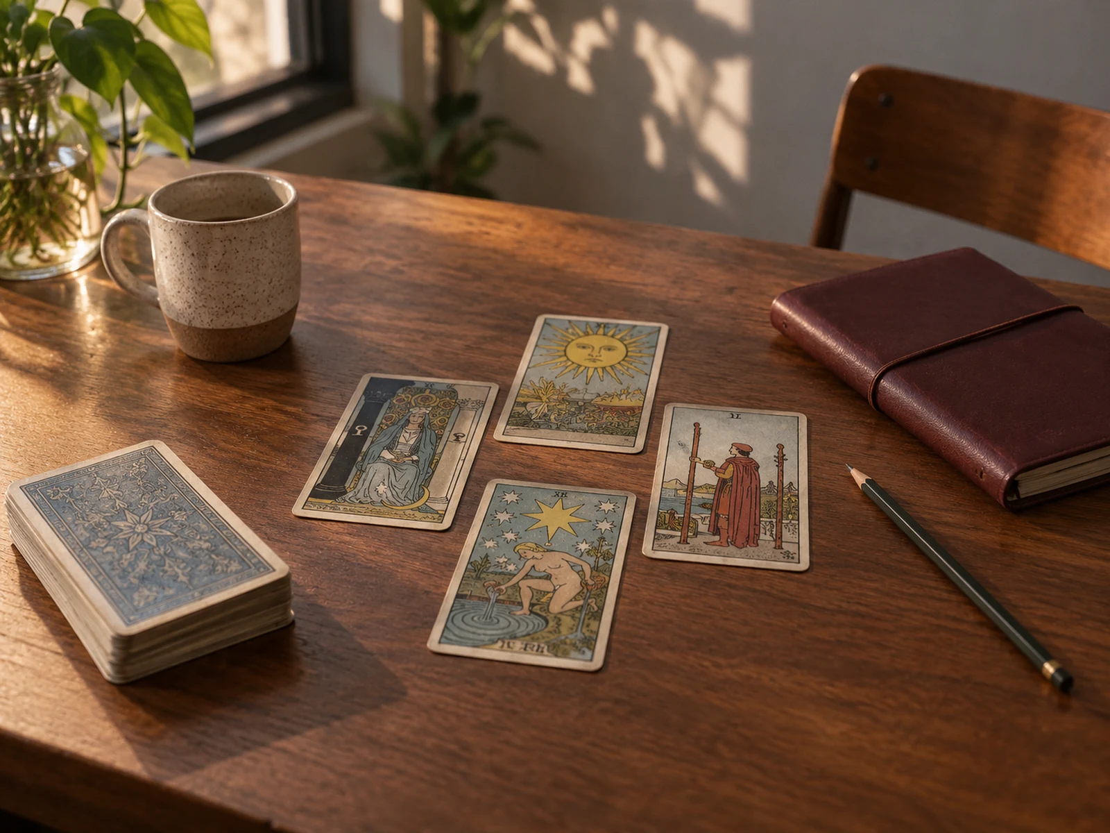 Composición de cartas y materiales cálidos para explorar trabajo